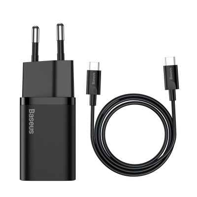 МЗП Baseus Super Si Quick Charger 1C 25W EU Sets Black（With Mini White Cable Type-C to Type-C 3A 1m Black） - зображення 1
