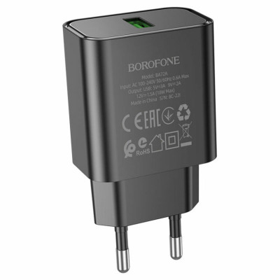 Мережевий зарядний пристрій BOROFONE BA72A Spring single port QC3.0 charger Black - изображение 3