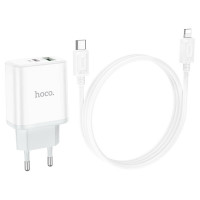 Мережевий зарядний пристрій HOCO C105A Stage dual port PD20W+QC3.0 charger set (C to iP)(EU) White (Цвет 7068) - фото № 4