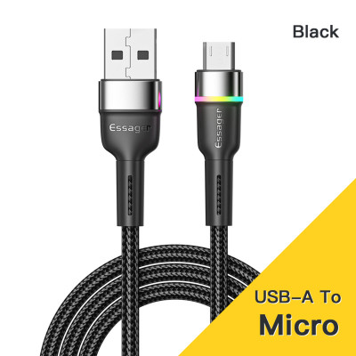 Кабель Essager Colorful LED USB Cable Fast Charging 2.4A USB-A to Micro 2m black (EXCM-XCDA01) (EXCM-XCDA01) - зображення 1