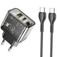 Мережевий зарядний пристрій HOCO N34 Dazzling dual-port PD20W+QC3.0 charger set(Type-C to Type-C) Transparent Black