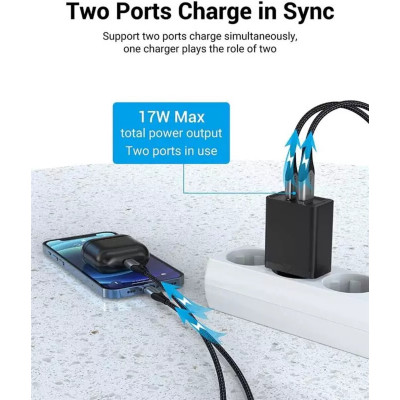 Зарядний пристрій Vention Two-Port USB(A+C) Wall Charger (18W/20W) EU-Plug Black (FBBB0-EU) - зображення 7