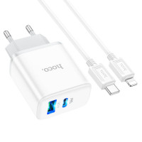 Мережевий зарядний пристрій HOCO C105A Stage dual port PD20W+QC3.0 charger set (C to iP)(EU) White (Цвет 7068) - фото № 5