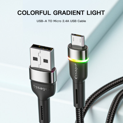Кабель Essager Colorful LED USB-кабель для быстрой зарядки 2,4 А USB-A на Micro, 2 м, черный (EXCM-XCDA01) (EXCM-XCDA01) - изображение 3