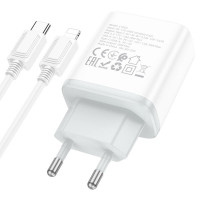 Мережевий зарядний пристрій HOCO C105A Stage dual port PD20W+QC3.0 charger set (C to iP)(EU) White (Цвет 7068) - фото № 6