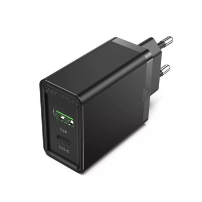 Зарядный пристрій Vention Настенное зарядное устройство с двумя портами USB(A+C) (18 Вт/20 Вт), вилка европейского стандарта, черная (FBBB0-EU) - изображение 1