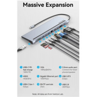 USB-хаб Vention Multi-function USB-C to HDMI/VGA/USB-C Gen 1/USB 3.0x2/USB 2.0/RJ45/SD/TF/TRRS 3.5mm/PD Docking Station 0.25m (Цвет Silver) - фото № 2