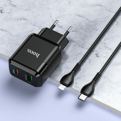 Мережевий зарядний пристрій HOCO N5 Favor dual port PD20W+QC3.0 charger set(C to iP) Black (6931474738912) - зображення 4