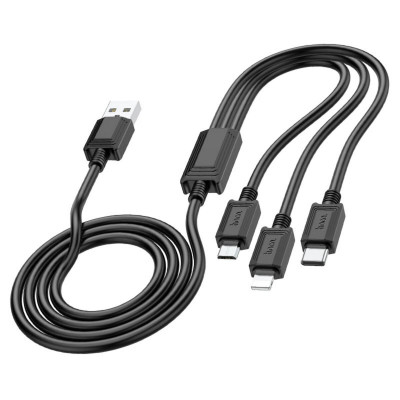 Кабель HOCO X74 USB to iP+Type-C+Micro 2A, 1м, ПВХ, разъемы ПВХ, Черный (6931474767363) - изображение 1