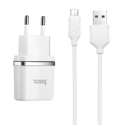 Мережевий зарядний пристрій HOCO C12 Smart dual USB (Micro cable)charger set White (6957531047773) - зображення 1