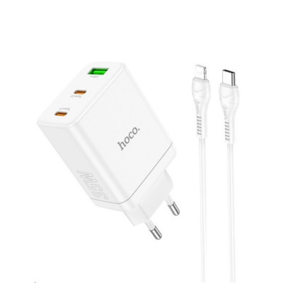Мережевий зарядний пристрій HOCO N33 Start three-port PD35W(2C1A) charger set(C to iP) White - зображення 1
