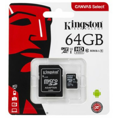 microSDXC (UHS-1) Kingston Canvas Select 64Gb class 10  (R-80MB/s) (adapter SD) - изображение 1