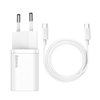 Мережевий зарядний пристрій Baseus Super Si Quick Charger 1C 25W EU Sets White（With Mini White Cable Type-C to Type-C 3A 1m White）