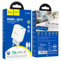 Мережевий зарядний пристрій HOCO C105A Stage dual port PD20W+QC3.0 charger set (C to iP)(EU) White (Цвет 7068) - фото № 2