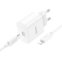Мережевий зарядний пристрій HOCO C76A Pro Majestic single port PD30W charger set (C to iP)(EU) White (Цвет Білий) - фото № 3