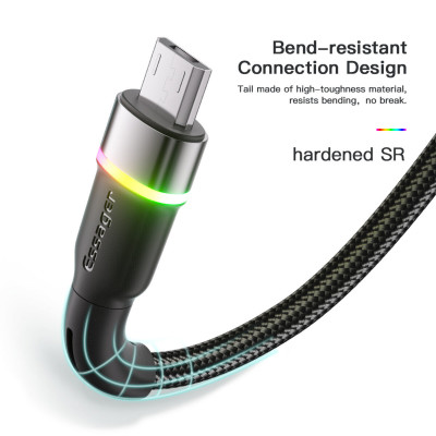 Кабель Essager Colorful LED USB-кабель для быстрой зарядки 2,4 А USB-A на Micro, 2 м, черный (EXCM-XCDA01) (EXCM-XCDA01) - изображение 8