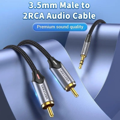 Кабель Vention 3.5MM Male to 2-Male RCA Adapter Cable 2M Gray Aluminum Alloy Type (BCNBH) - зображення 3