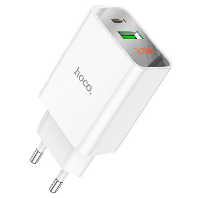 Мережевий зарядний пристрій HOCO C100A PD20W+QC3.0 charger with digital display White - изображение 1