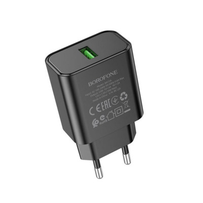 Мережевий зарядний пристрій BOROFONE BA72A Spring single port QC3.0 charger Black - изображение 1