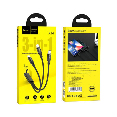 Кабель HOCO X14 3-in-1 Times speed charging cable iP+Micro+Type-C Black - зображення 4