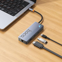 USB-хаб HOCO HB52 Wow 8-in-1 multi-function converter (HDTV+RJ45+SD/TF+PD+Type-C3.0+USB3.0*2) Deep Space Gray (Цвет Deep-Space-Gray) - фото № 6