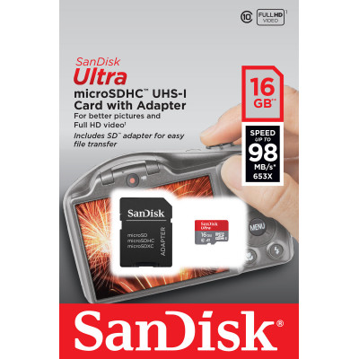 microSDHC (UHS-1) SanDisk Ultra 16Gb class 10 A1 (98Mb/s, 653x) (adapter SD) - изображение 2