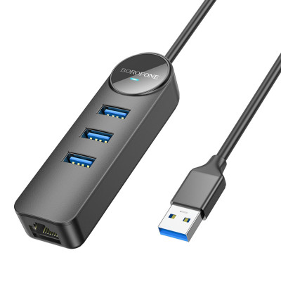 Адаптер Borofone DH6 Erudite 4-in-1 Gigabit Ethernet Adapter(USB to USB3.0*3+RJ45)(L=0.2M) Black (6941991104299) - зображення 2
