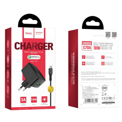 Мережевий зарядний пристрій HOCO C70A Cutting-edge single port QC3.0 charger set(Micro) Black - зображення 6