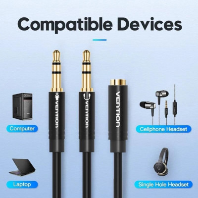 Кабель Vention 2*3.5mm Male to 4 Pole 3.5mm Female Audio Cable 0.3M Black ABS Type (BBTBY) (BBTBY) - изображение 3