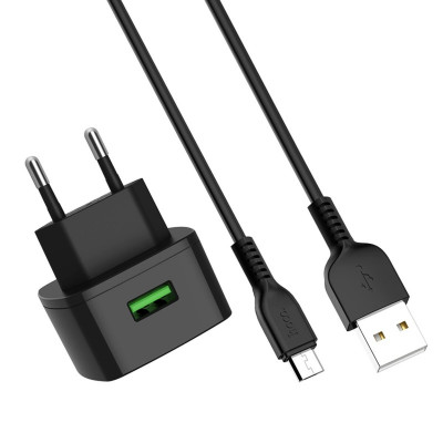 Мережевий зарядний пристрій HOCO C70A Cutting-edge single port QC3.0 charger set(Micro) Black - изображение 3