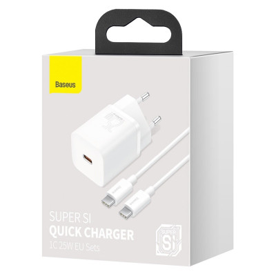 МЗП Baseus Super Si Quick Charger 1C 25W EU Sets White（With Mini White Cable Type-C to Type-C 3A 1m White） - зображення 6