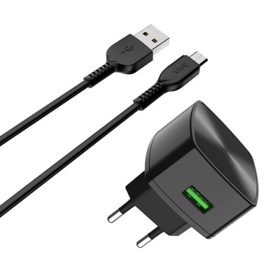 Мережевий зарядний пристрій HOCO C70A Cutting-edge single port QC3.0 charger set(Micro) Black - изображение 1