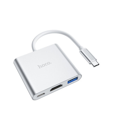 Кабель-перехiдник HOCO HB14 Easy use Type-C adapter(Type-C to USB3.0+HDMI+PD) Silver - зображення 2