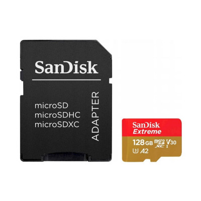 microSDXC (UHS-1 U3) SanDisk Extreme For Action Cams and Drones A2 128Gb class 10 V30 (R190MB/s,W90MB/s) (adapter) - изображение 1