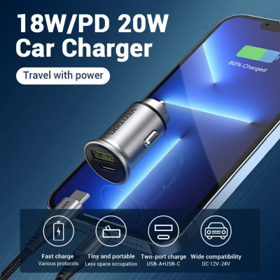 Автомобільний зарядний пристрій Vention Two-Port USB A+C(18/20) Car Charger Gray Mini Style Aluminium Alloy Type (FFBH0) - изображение 3