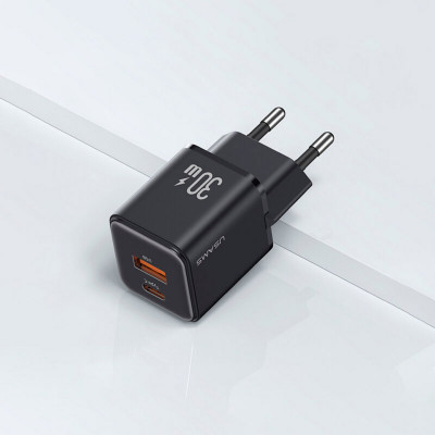 Мережевий зарядний пристрій Usams US-CC189 PD30W+QC3.0 A+C Dual-port Fast Charger (EU)--X-ron Series Black - зображення 2