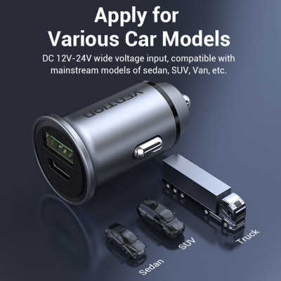 Автомобільний зарядний пристрій Vention Two-Port USB A+C(18/20) Car Charger Gray Mini Style Aluminium Alloy Type (FFBH0) - изображение 5