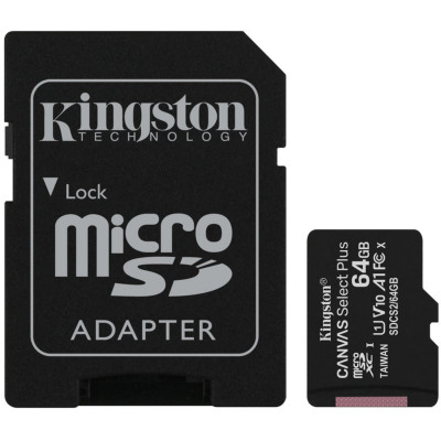 microSDXC (UHS-1) Kingston Canvas Select Plus 64Gb class 10 А1 (R-100MB/s) (adapter SD) - зображення 1