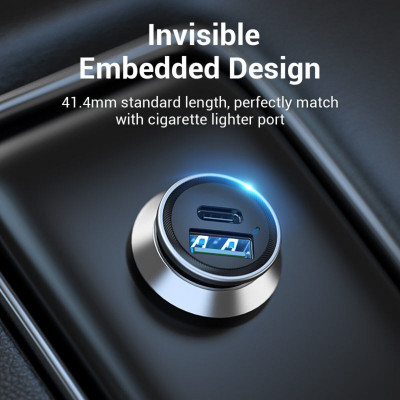 Автомобільний зарядний пристрій Vention Two-Port USB A+C(18/20) Car Charger Gray Mini Style Aluminium Alloy Type (FFBH0) - изображение 7