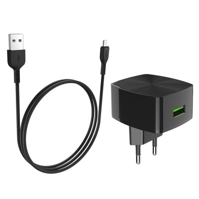 Мережевий зарядний пристрій HOCO C70A Cutting-edge single port QC3.0 charger set(Micro) Black - зображення 2