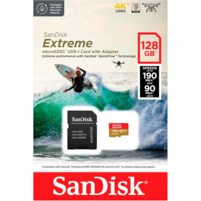 microSDXC (UHS-1 U3) SanDisk Extreme For Action Cams and Drones A2 128Gb class 10 V30 (R190MB/s,W90MB/s) (adapter) - изображение 4
