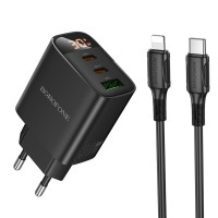 Мережевий зарядний пристрій BOROFONE BA98A Ilustre PD30W (2C1A) charger with digital display set (C to iP) (EU) Black