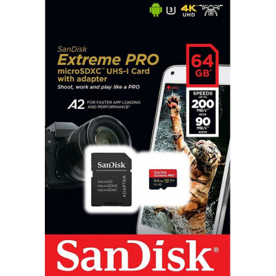 microSDXC (UHS-1 U3) SanDisk Extreme Pro A2 64Gb Class 10 V30 (R200MB/s, W90MB/s) (adapter) (SDSQXCU-064G-GN6MA) - изображение 2