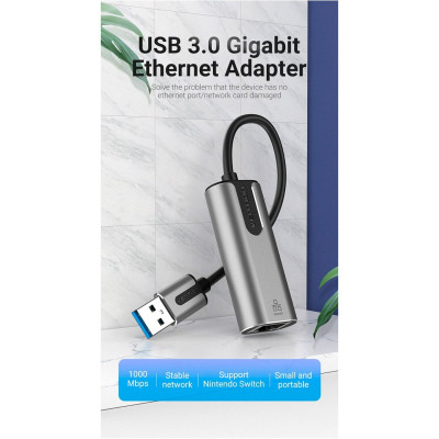 Адаптер Vention USB 3.0-A to Gigabit Ethernet Adapter Grey 0.15M Aluminium Alloy Type (CEWHB) - зображення 3