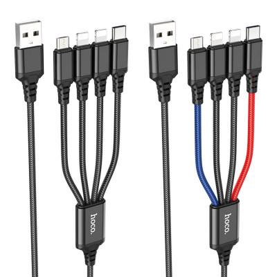 Кабель HOCO X76 USB to iP+iP+Type-C+Micro 2A, 1м, нейлон, алюминиевые разъемы Черный+Красный+Синий (6931474768643) - изображение 2
