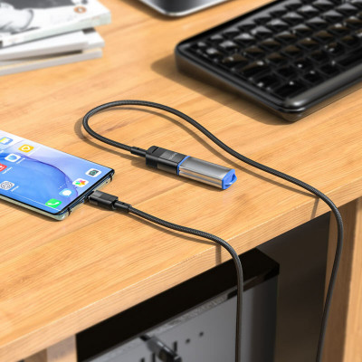 Кабель HOCO U107 Type-C male to USB female USB3.0 3A, 1.2m, nylon, aluminum connectors, Black - зображення 3