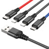 Кабель HOCO X76 USB to iP+iP+Type-C+Micro 2A, 1м, нейлон, алюминиевые разъемы Черный+Красный+Синий (6931474768643)