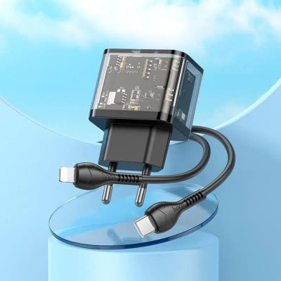 Мережевий зарядний пристрій HOCO N34 Dazzling dual-port PD20W+QC3.0 charger set(C to iP) Transparent Black - зображення 3