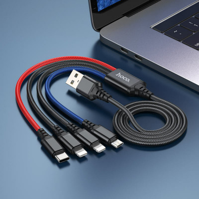 Кабель HOCO X76 USB to iP+iP+Type-C+Micro 2A, 1м, нейлон, алюминиевые разъемы Черный+Красный+Синий (6931474768643) - изображение 4