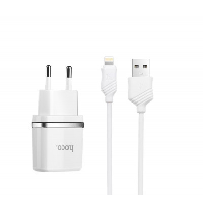 Мережевий зарядний пристрий HOCO C11 Smart, комплект зарядного устройства с одним USB (iP-кабелем) Белый (6957531047735) - изображение 1